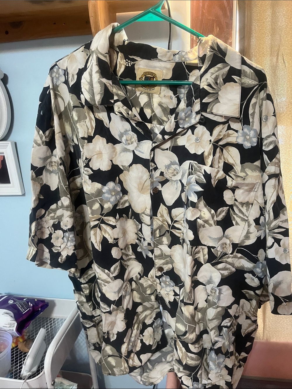 Men's Black Floral Button-Down Shirt - Neutral Floral Print